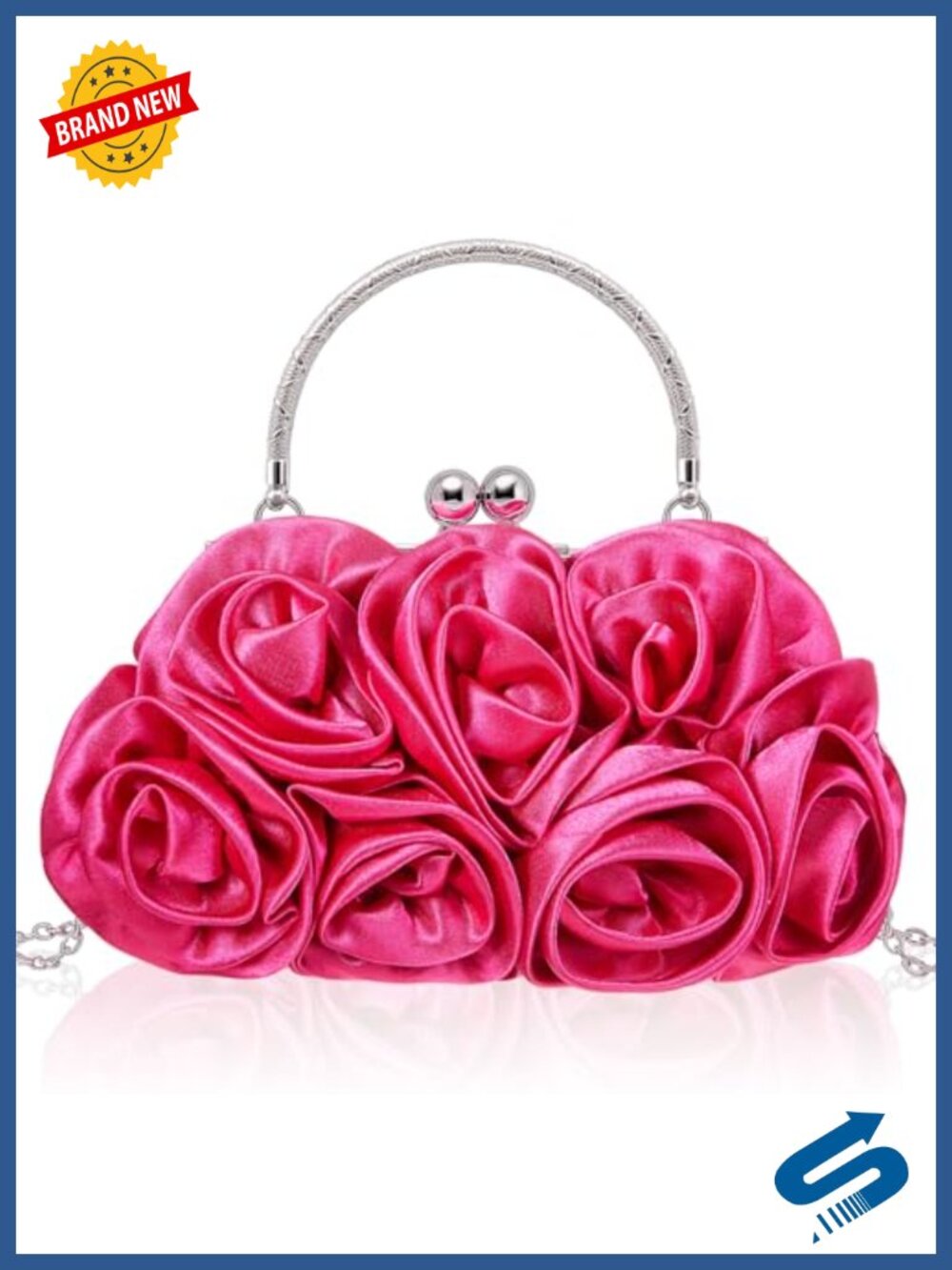 Satin Floral Clutch Purse 3D Rose Evening Bag Wristlet Chain